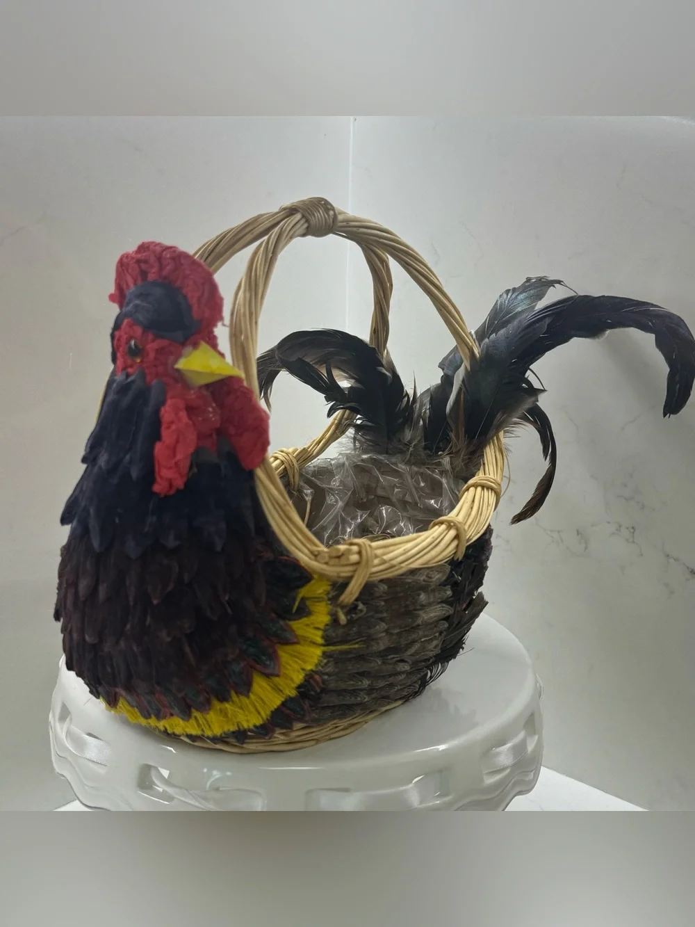 Vintage Handcrafted Rooster Wicker Basket Centerpiece Feather Country Farmhouse
